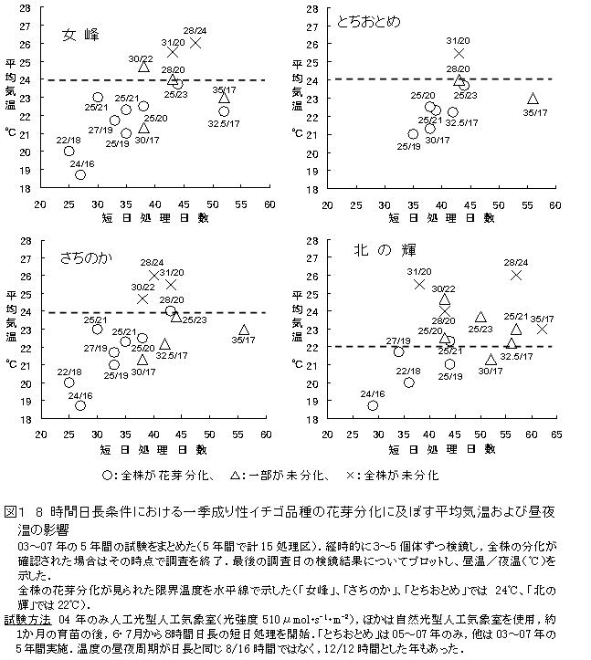 図1 8時間日長条件における一季成り性イチゴ品種の花芽分化に及ぼす平均気温および昼夜温の影響