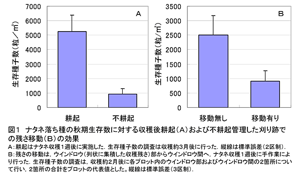 図1 ナタネ落ち種の秋期生存数に対する収穫後耕起(A)および不耕起管理した刈り跡での残さ移動(B)の効果