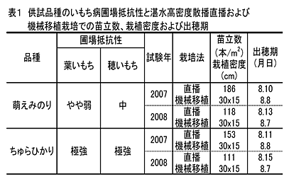 表1 供試品種のいもち病圃場抵抗性と湛水高密度散播直播および機械移植栽培での苗立数、栽植密度および出穂期