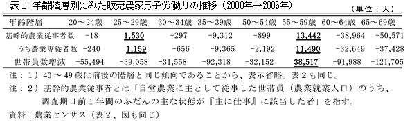 表1 年齢階層別にみた販売農家男子労働力の推移(2000年→2005年)   (単位:人)