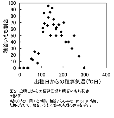 図2 出穂日からの積算気温と穂首いもち割合の関係