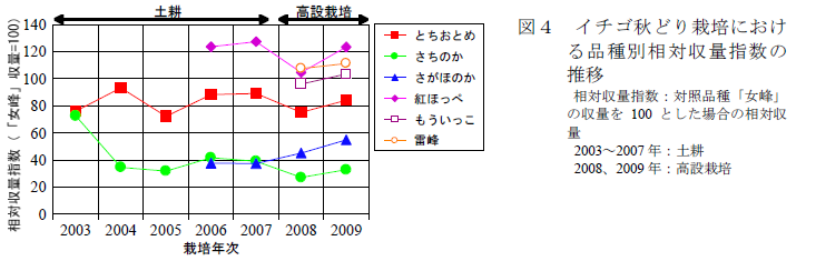 図4 イチゴ秋どり栽培におけ る品種別相対収量指数の 推移