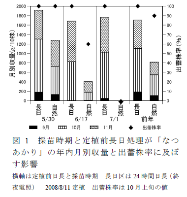 図1 採苗時期と定植前長日処理が「なつ あかり」の年内月別収量と出蕾株率に及ぼ す影響