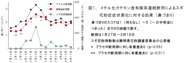 図1.メチル化カテキン含有緑茶連続飲用によるスギ花粉症症状悪化に対する効果(鼻づまり)