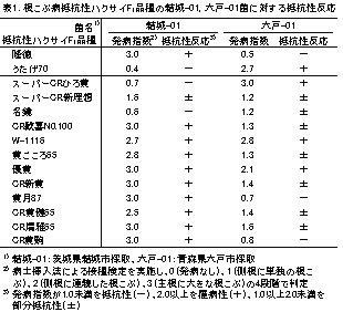 表1.根こぶ病抵抗性ハクサイF品種の結城-01, 六戸-01菌に対する抵抗性反応