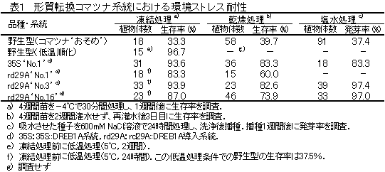 表1 形質転換コマツナ系統における環境ストレス耐性