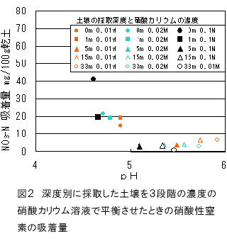 図2 深度別に採取した土壌を3段階の濃度の硝酸カリウム溶液で平衡させたときの硝酸性窒素の吸着量