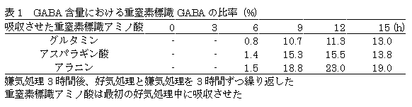 表1 GABA 含量における重窒素標識GABA の比率