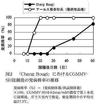 図2 「Chang Bougi」におけるSGMMV-SH接種後の発病株率の推移