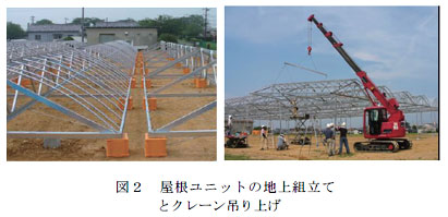 図2 屋根ユニットの地上組立てとクレーン吊り上げ