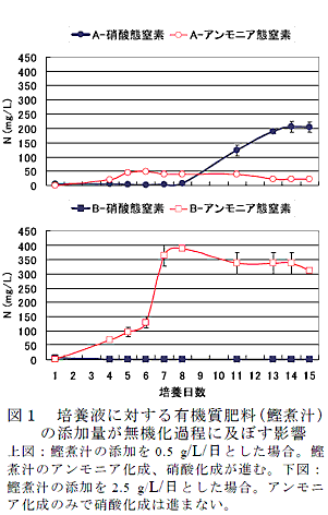 図1 培養液に対する有機質肥料(鰹煮汁)の添加量が無機化過程に及ぼす影響