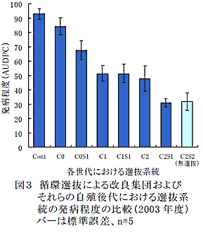 図3 循環選抜による改良集団およびそれらの自殖後代における選抜系統の発病程度の比較(2003 年度)