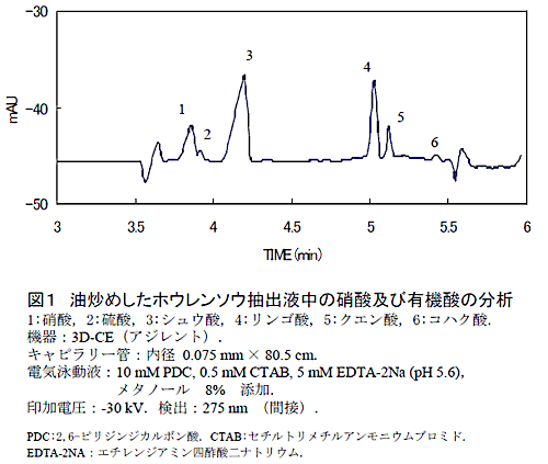 図1 油炒めしたホウレンソウ抽出液中の硝酸及び有機酸の分析