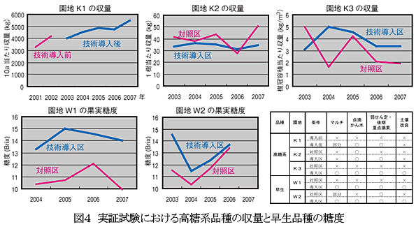 図4 実証試験における高糖系品種の収量と早生品種の糖度