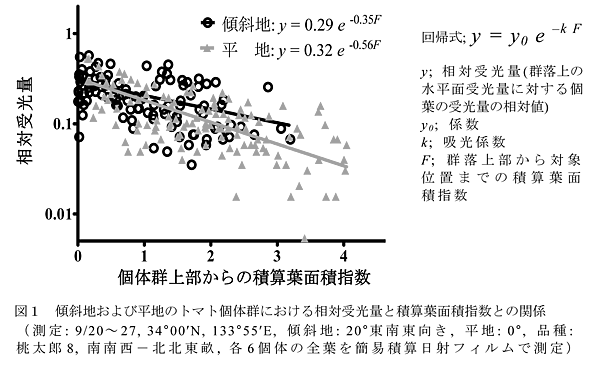 図1 傾斜地および平地のトマト個体群における相対受光量と積算葉面積指数との関係