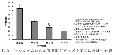 図2 マルカメムシの加害期間がダイズ主茎長に及ぼす影響