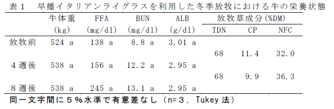 表1 早播イタリアンライグラスを利用した冬季放牧における牛の栄養状態