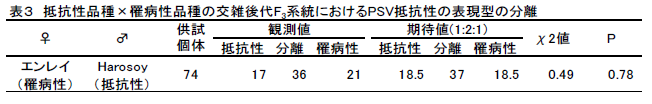 表3 抵抗性品種×罹病性品種の交雑後代F3系統におけるPSV抵抗性の表現型の分離