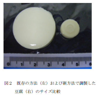 図2 既存の方法(左)および新方法で調製した 豆腐(右)のサイズ比較