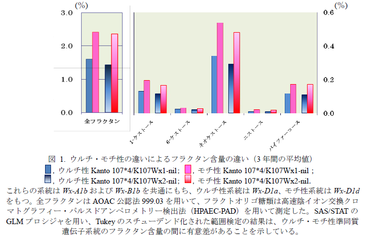 図 1. ウルチ・モチ性の違いによるフラクタン含量の違い(3 年間の平均値)