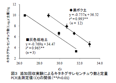 図3 添加回収実験によるキタネグサレセンチュウ数と定量 PCR法測定値(Ct)の関係(**P<0.01)