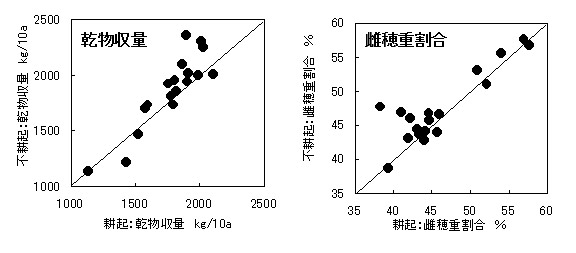 図1 耕起栽培と不耕起栽培の収量性の対比