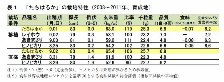 表1 「たちはるか」の栽培特性(2008～2011年、育成地)