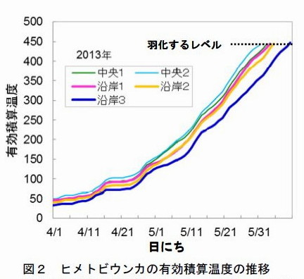 図2 ヒメトビウンカの有効積算温度の推移