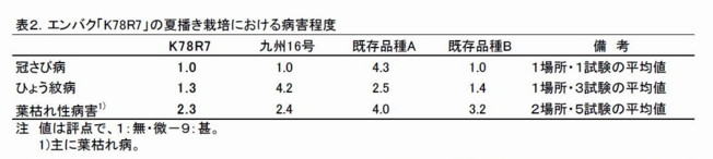 表2.エンバク「K78R7」の夏播き栽培における病害程度
