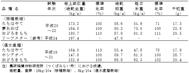 表2.収量特性(成熟期)