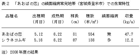 表2.「あおばの恋」の縞萎縮病常発地帯(宮城県登米市))での生育特性