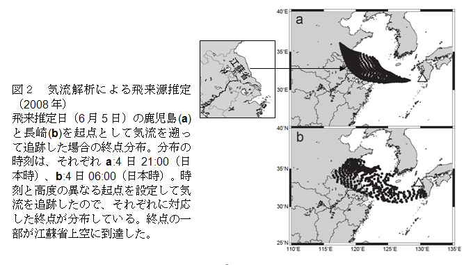 図2 気流解析による飛来源推定(2008年)