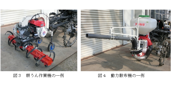 図3 耕うん作業機の一例、図4 動力散布機の一例