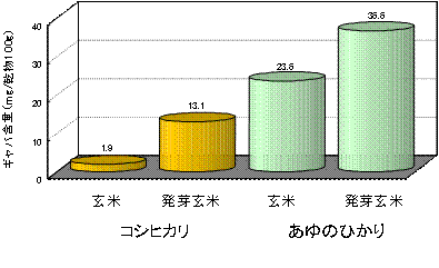 図1 あゆのひかりとコシヒカリの発芽玄米におけるギャバ含量(平成17 食品総合研究所)