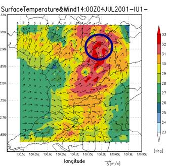 図2 有明海からの海風によって、市街化による高温域が風下に延びています。