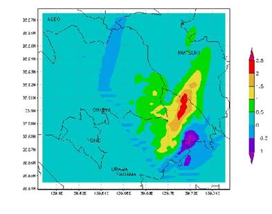 図5 見沼田圃を中心として、15km四方の領域内の温度差を250m単位で示しました。