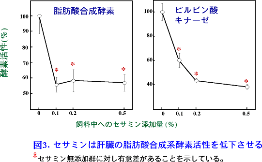 図3 セサミンは肝臓の脂肪酸合成系酵素活性を低下させる