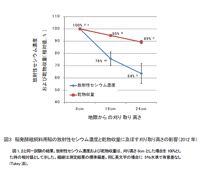 図3 稲発酵粗飼料用稲の放射性セシウム濃度と乾物収量に及ぼす刈り取り高さの影響(2012年)