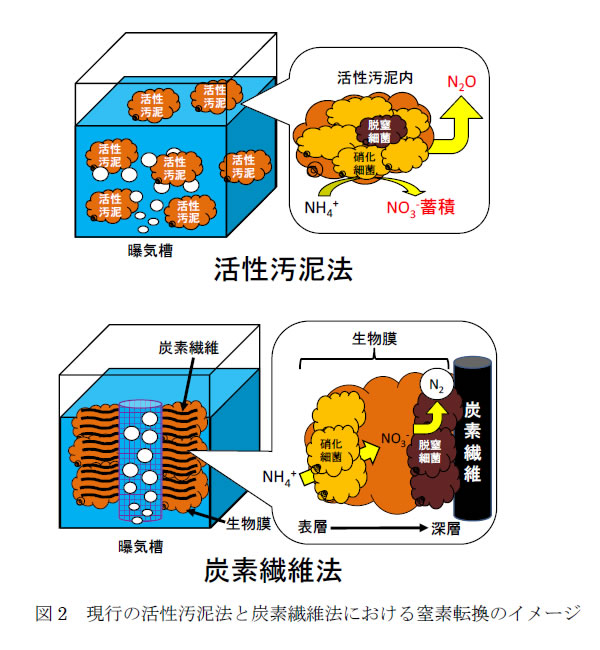 図2.現行の活性汚泥法と炭素繊維法における窒素転換のイメージ