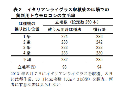 表2 イタリアンライグラス収穫後のほ場での飼料用トウモロコシの立毛率