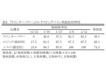 表2:「ウィンターパワー」のレタスビッグベイン病抵抗性特性