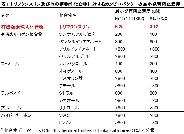 表1 トリプタンスリン及び他の植物性化合物に対するカンピロバクターの最小発育阻止濃度