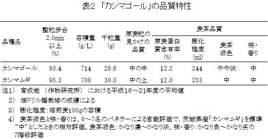 表2 カシマゴールの品質特性