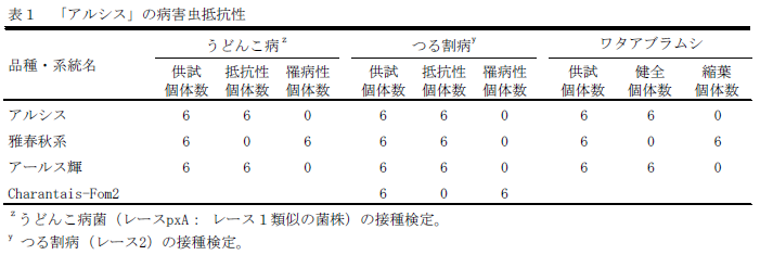 表1 「アルシス」の病害虫抵抗性