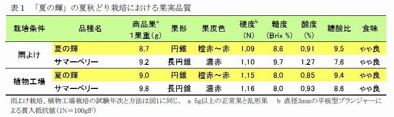 表1 「夏の輝」の夏秋どり栽培における果実品質