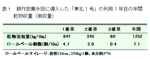 表1 耕作放棄水田に導入した「東北1号」の利用1年目の年間乾物収量(実収量)