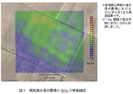 図3 現地海水浸水圃場のECaの等高線図