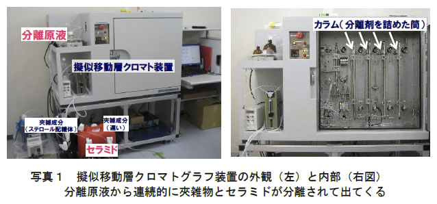 写真1 疑似移動層クロマトグラフ装置の外観(左)と内部(右図) 分離原液から連続的に夾雑物とセラミドが分離されて出てくる