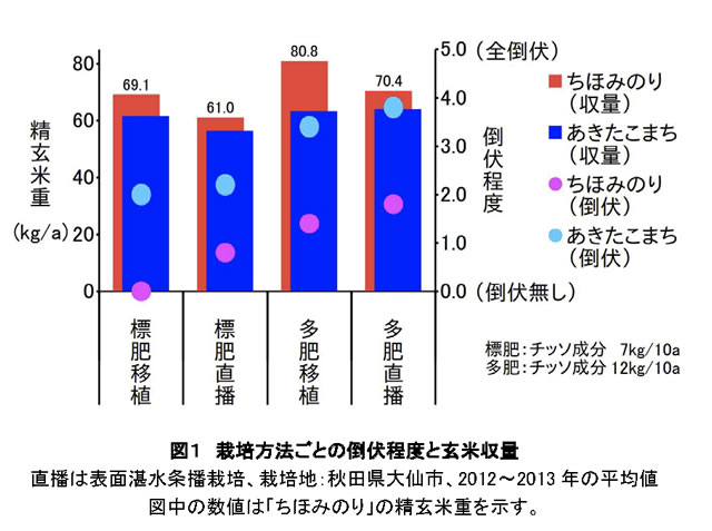 図1 栽培方法ごとの倒伏程度と玄米収量