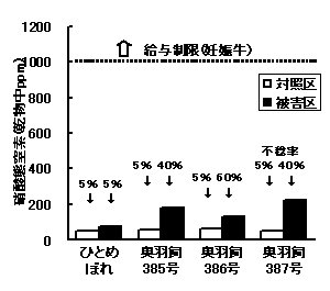 図1 冷害による不稔率の増加が飼料イネの硝酸態窒素濃度に及ぼす影響